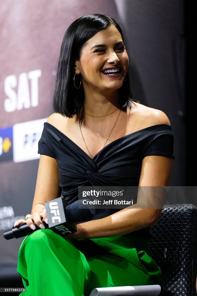 Ufc Reporter UFC reporter Megan Olivi is seen on stage during a Q&A session prior ...