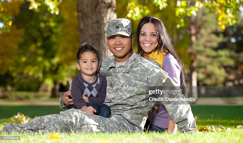 U S Army Soldier with Wife and Son Outdoor