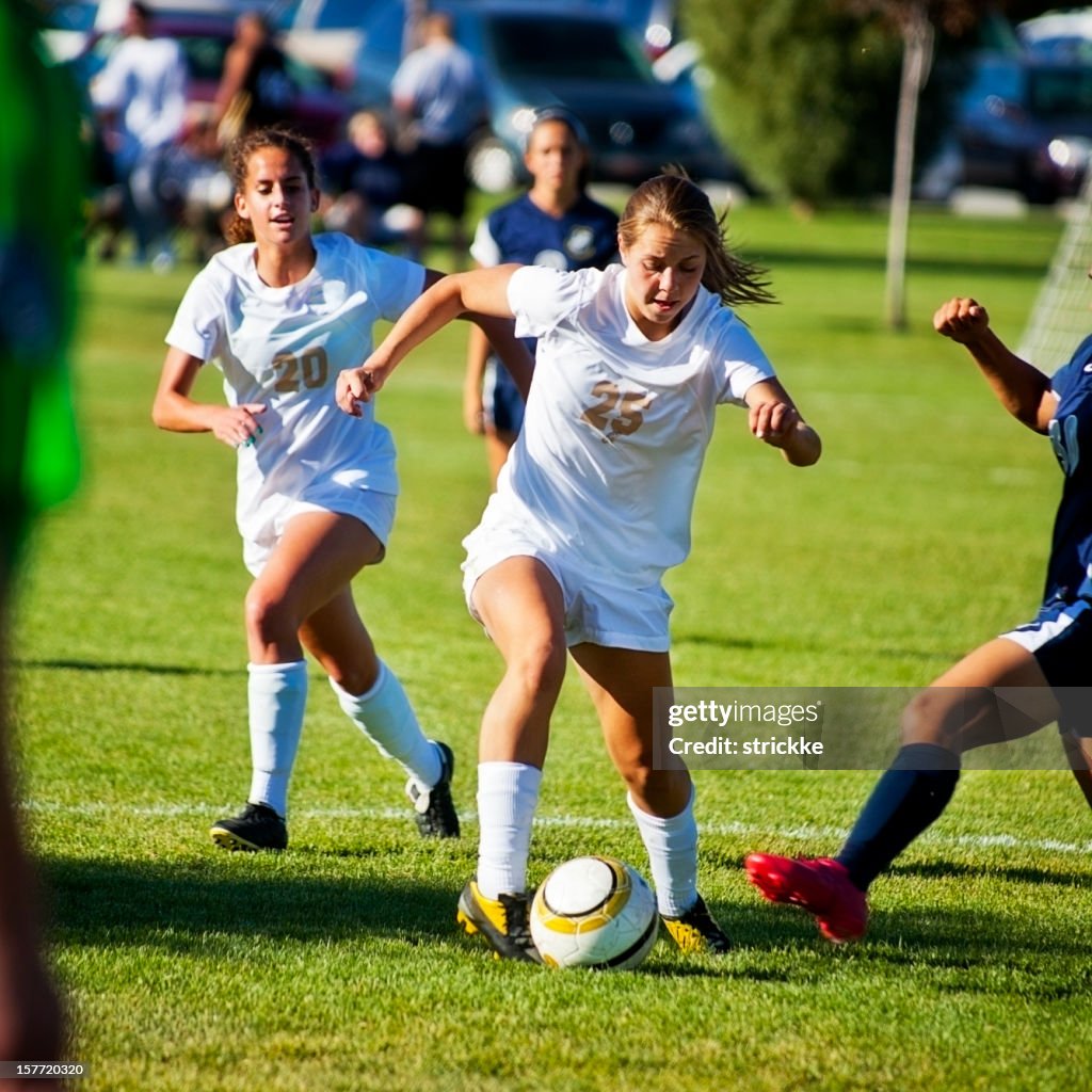 Attractive Female Soccer Players Compete for Control of Ball