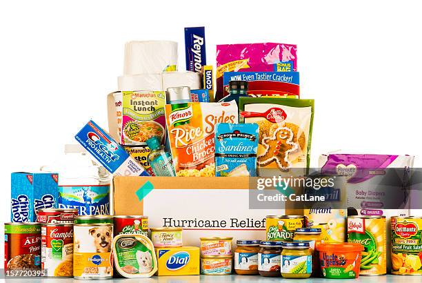 hurricane relief grocery collection - donation box white background stock pictures, royalty-free photos & images