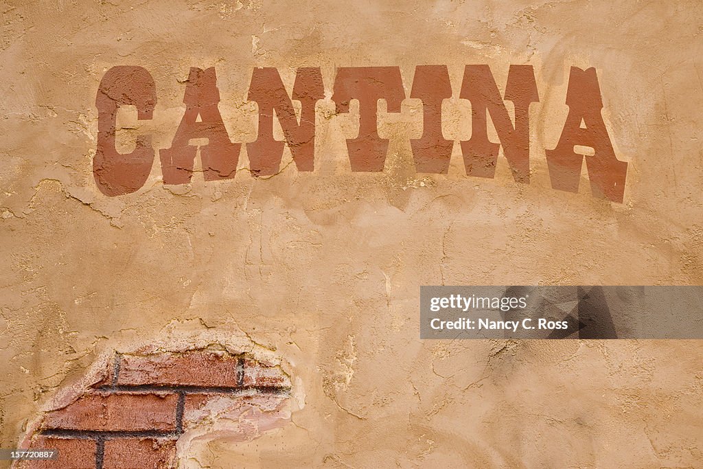 Cantina Sign Outside Bar, Brick Stucco Wall, Rustic, Cinco-de-Mayo