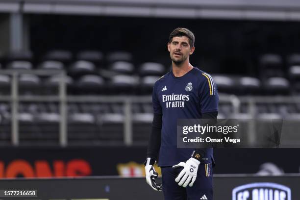 Goalkeeper Thibaut Courtois of Real Madrid warms up during a training session ahead of the Pre-Season Friendly match between Real Madrid and...