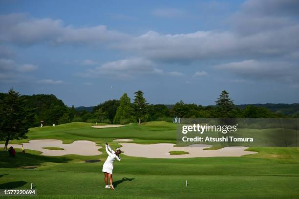 Yuka Nii of Japan hits her tee shot on the third hole during the third round of Rakuten Super Ladies at Tokyu Grand Oak Golf Club on July 29, 2023 in...