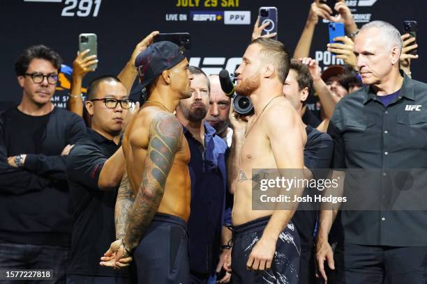 Opponents Dustin Poirier and Justin Gaethje face off during the UFC 291 ceremonial weigh-in at Delta Center on July 28, 2023 in Salt Lake City, Utah.