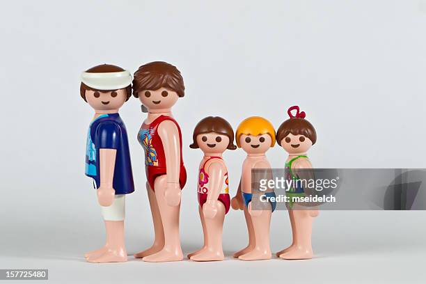 playmobil family, parents, boy and  two girl childs - playmobil stock pictures, royalty-free photos & images