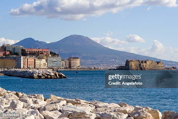 view of naples city panorama with vesuvious and castel dell'ovo - maschio angioino stock pictures, royalty-free photos & images