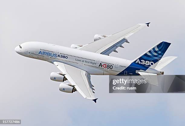 flying airbus a380 - airbus a380 stock pictures, royalty-free photos & images