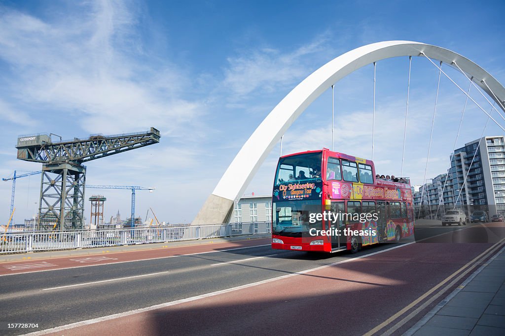 Tourist bus crossing the Squinty Bridge, Glasgow