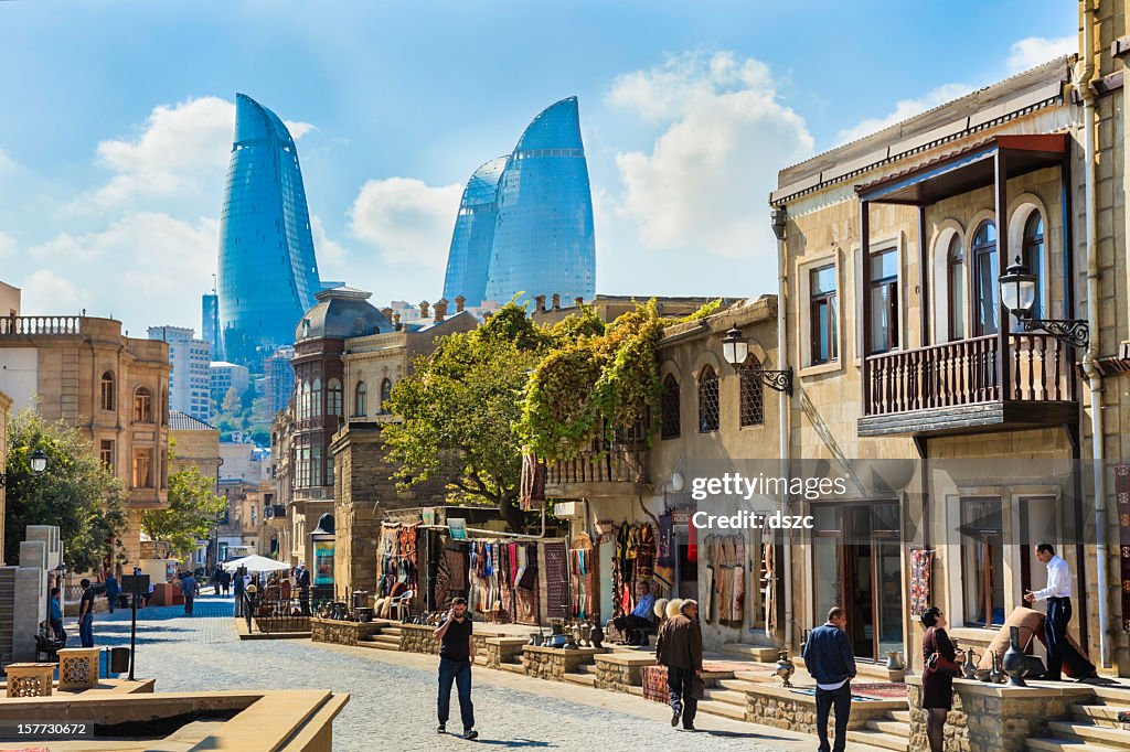 Baku Azerbaijan inner city cityscape, Flame Towers skyscrapers skyline