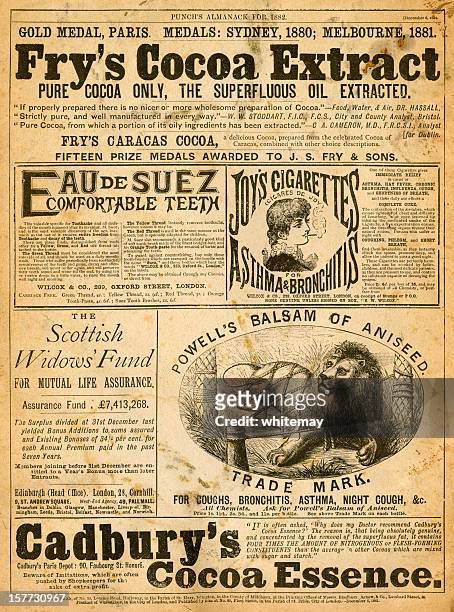 advertisements from punch's almanack for 1882 - newspaper advertisement stock illustrations