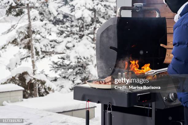 a plate of bbq ribs on a gas grill. - bbq winter photos et images de collection