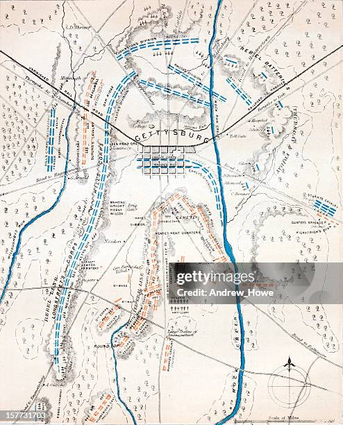 gettysburg-amerikanischen bürgerkrieg karte - sezessionskrieg stock-grafiken, -clipart, -cartoons und -symbole