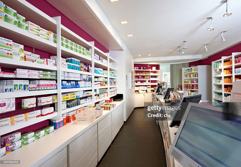 View on shelves and counter of a pharmacy