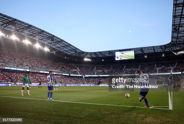 General view inside the stadium as Pascal Gross of Brighton & Hove Albion takes a corner during the Premier League Summer Series match between...