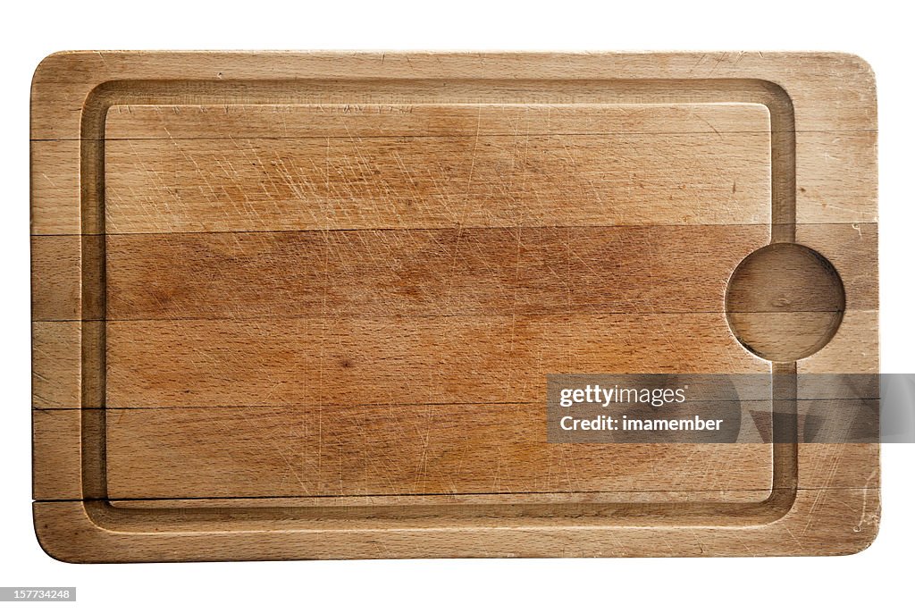 Wooden used chopping board isolated on white background, copy space