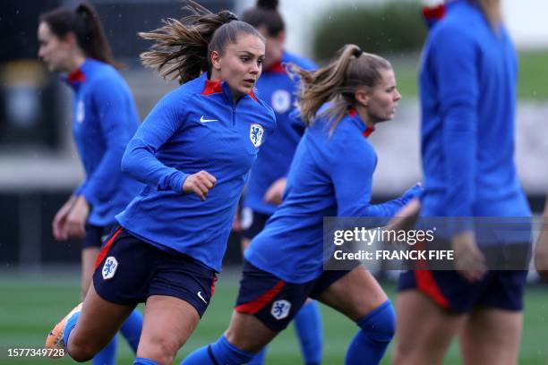 Netherlands' midfielder Lieke Martens takes part in a training session at Jubilee Stadium in Sydney on August 5 on the eve of the Women's World Cup...