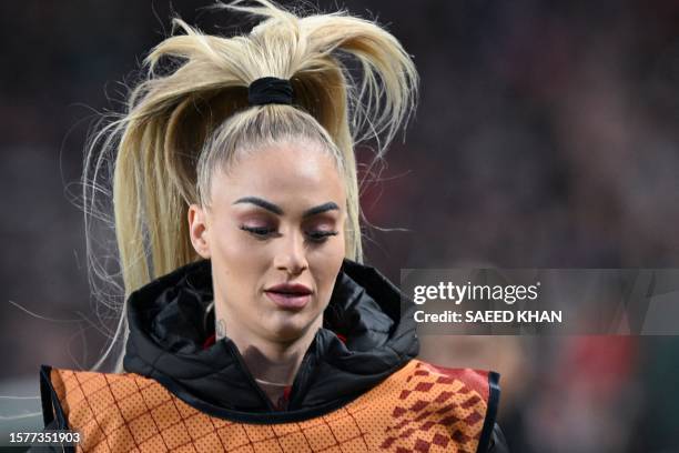 Switzerland's forward Alisha Lehmann warms up on the touchline during the Australia and New Zealand 2023 Women's World Cup round of 16 football match...