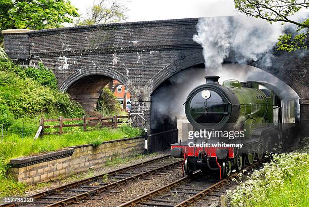 steam train passing under a bridge - steam train stock pictures, royalty-free photos & images