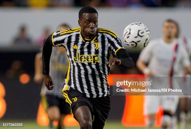 Tim Weah of Juventus races after a loose ball during a game between AC Milan and Juventus at Dignity Health Sports Park on July 27, 2023 in Carson,...