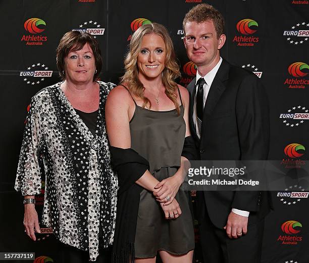 Sally Pearson arrives with mother Anne McLellan and husband Kieran Pearson at the 2012 Australian Athlete of the Year Awards at Crown Casino on...