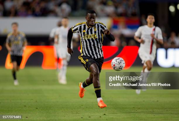 Tim Weah of Juventus races after a loose ball during a game between AC Milan and Juventus at Dignity Health Sports Park on July 27, 2023 in Carson,...