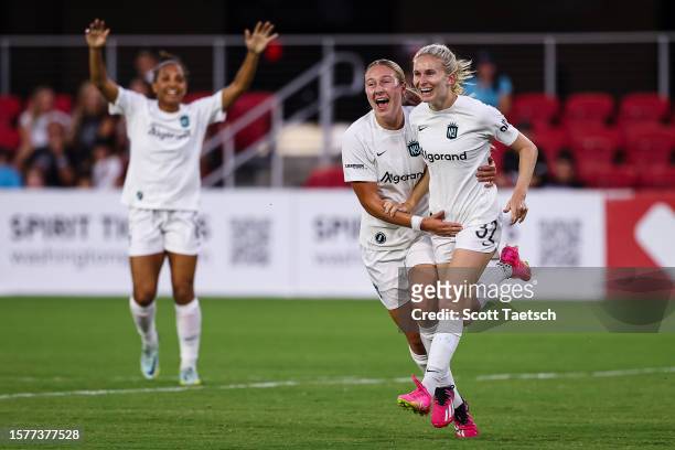 Jenna Nighswonger of NJ/NY Gotham FC celebrates with Katie Stengel after scoring a goal against the Washington Spirit during the first half of the...