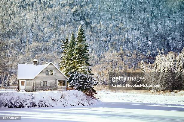 wintry canadian forest landscape with empty cabin - winter quebec stock pictures, royalty-free photos & images