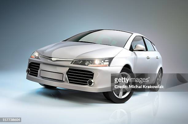 white compact car - compact car stockfoto's en -beelden