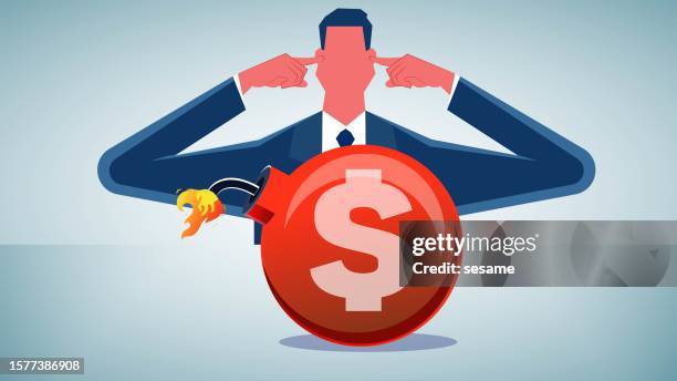 ilustrações de stock, clip art, desenhos animados e ícones de financial risks and crises, debt crises, inflation, problems with taxes or loans, businessmen with their index fingers in their ears watching a bomb about to explode in front of them - mãos nas orelhas