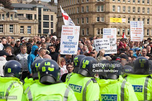 english defence league rally in bradford - police racism stock pictures, royalty-free photos & images