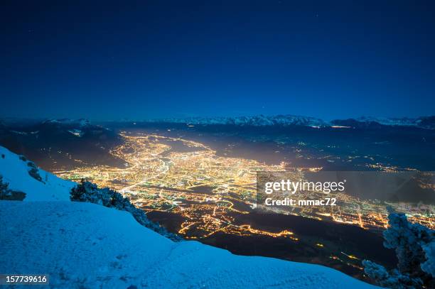 grenoble panorama in winter night - grenoble stock pictures, royalty-free photos & images