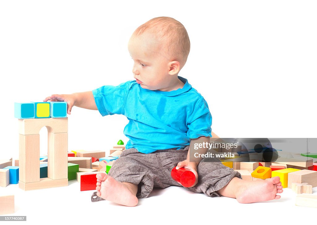 Playing Baby building bricks toys copyspace