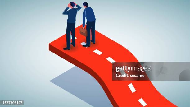 a dead end, a cul-de-sac, a desperate situation, a wrong path or setback, obstacles and problems in a career or business, a businessman who comes to the end of the road and realizes that the way forward has been lost - crisis opportunity stock illustrations
