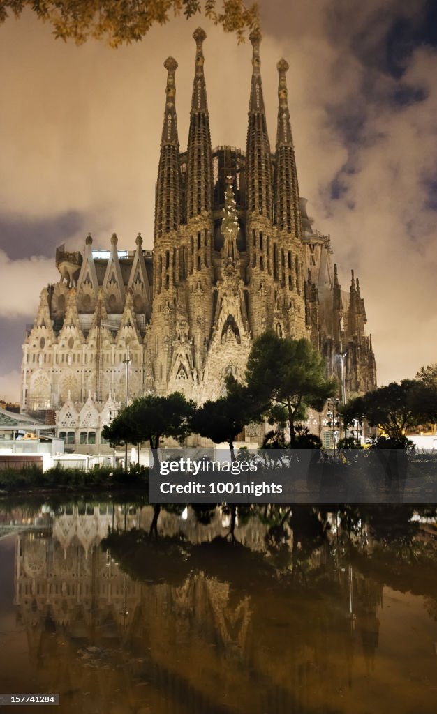 Facade of the Sagrada Familia in Barcelona at night