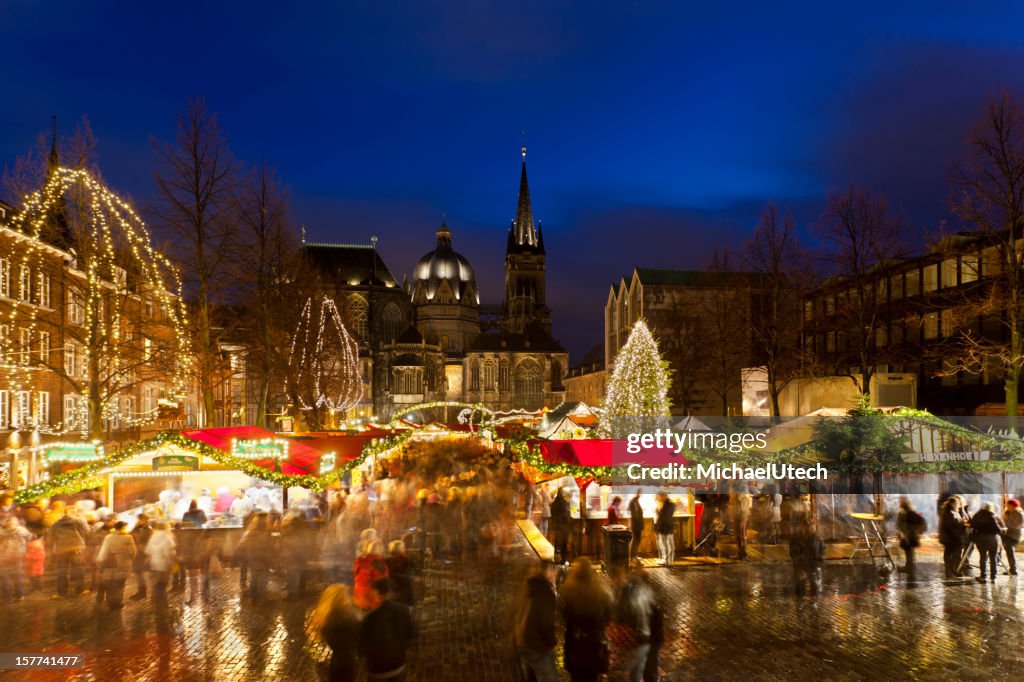 Aachen Christmas Market And Cathedral At Night