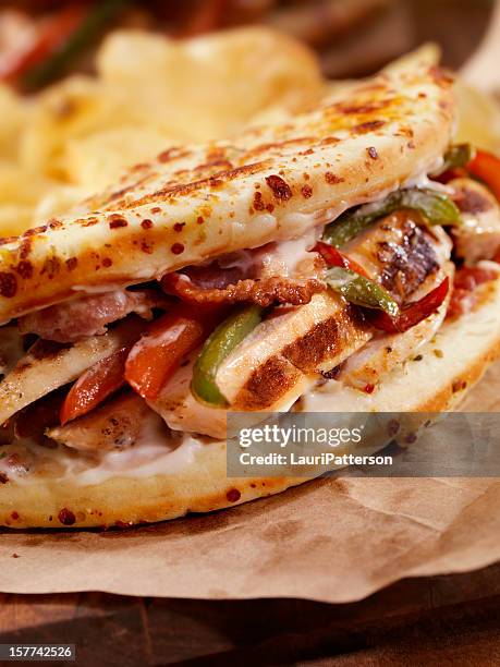 grilled chicken ranch iitalian fatbread sandwich - chicken parmigiana stock pictures, royalty-free photos & images