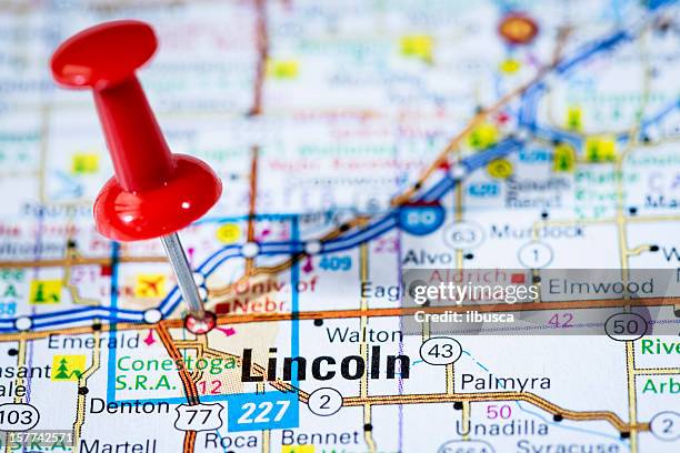 us capital cities on map series: lincoln, nebraska, ne - lincoln nebraska bildbanksfoton och bilder