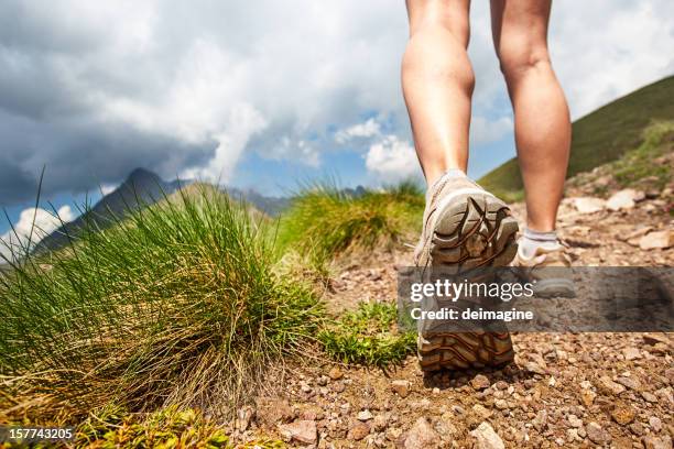 hiker walks on mountain trail - male feet soles 個照片及圖片檔