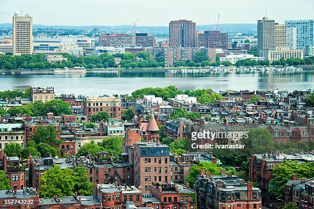charles river and boston panorama - boston aerial stock pictures, royalty-free photos & images