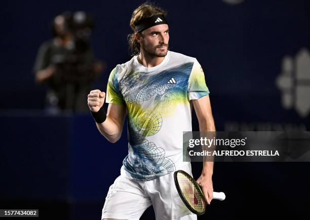 Greece's Stefanos Tsitsipas celebrates his victory during the Mexico ATP Open 250 men's singles tennis match against to Croatia's Borna Coric at the...