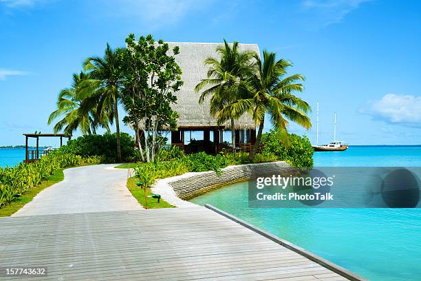 the wooden bridge to beach house - mauritius stockfoto's en -beelden