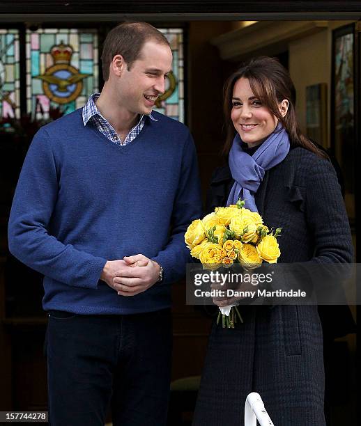 Catherine, Duchess of Cambridge and Prince William, Duke of Cambridge leave the King Edward VII hospital where she has been treated for hyperemesis...