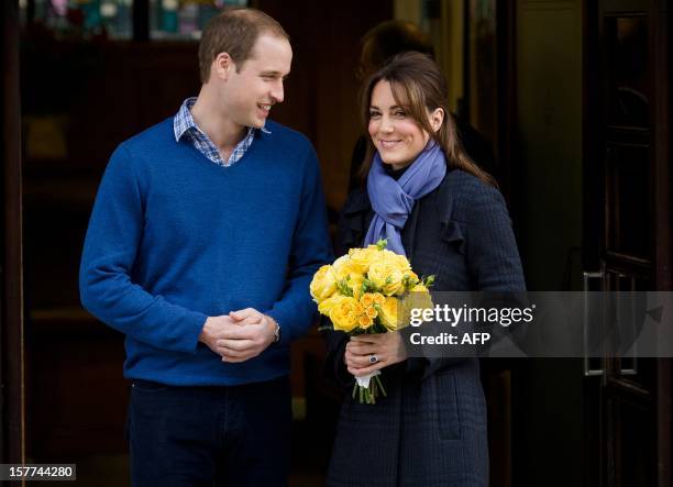 Prince William, the Duke of Cambridge and his wife Catherine the Duchess of Cambridge leave the King Edward VII hospital in central London, on...