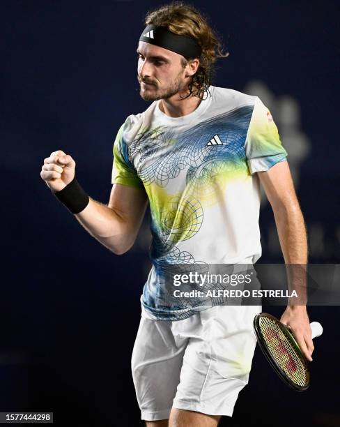 Greece's Stefanos Tsitsipas celebrates his victory during the Mexico ATP Open 250 men's singles tennis match against to Croatia's Borna Coric at the...