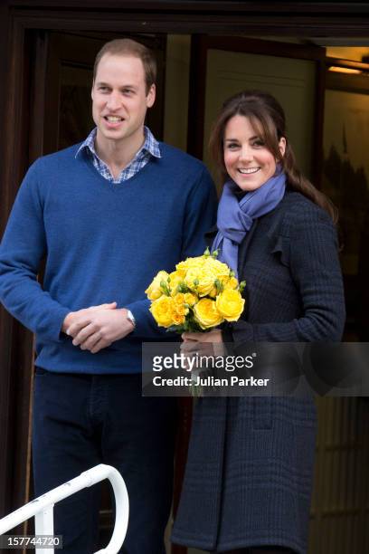 Catherine, Duchess of Cambridge and Prince William, Duke of Cambridge leave the King Edward VII hospital where she has been treated for hyperemesis...