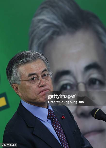 Moon Jae-In, presidential candidate of the main opposition Democratic United Party attends during a press conference at the party headquarter on...