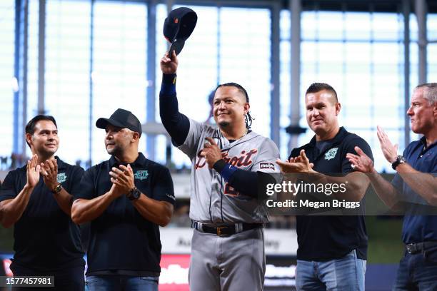 Miguel Cabrera of the Detroit Tigers tips his hat to the crowd prior to playing a game against the Miami Marlins at loanDepot park on July 28, 2023...