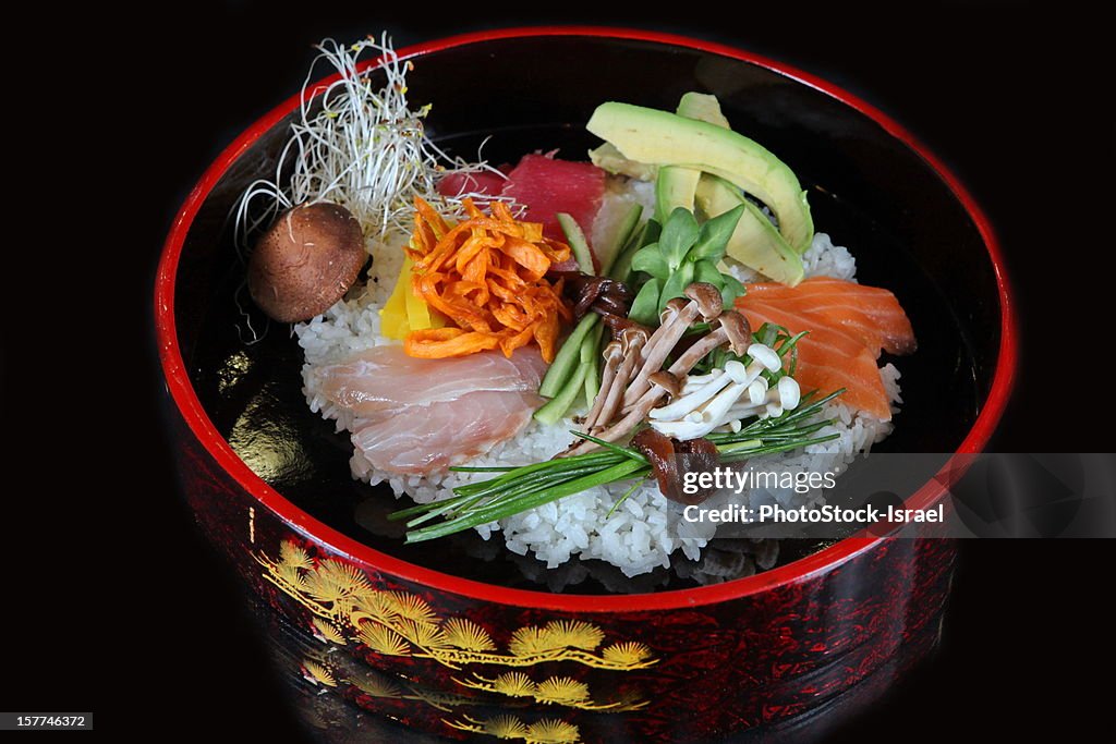 Sashimi, vegetables and rice