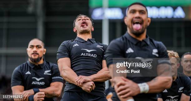 New Zealand All Blacks players perform the haka before The Rugby Championship & Bledisloe Cup match between the New Zealand All Blacks and the...