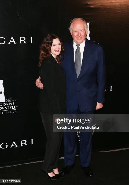 Actress Drew Barrymore and Vice Chairman of the Bulgari Group Nicola Bulgari attend the Rodeo Drive Walk of Style honoring BVLGARI on December 5,...